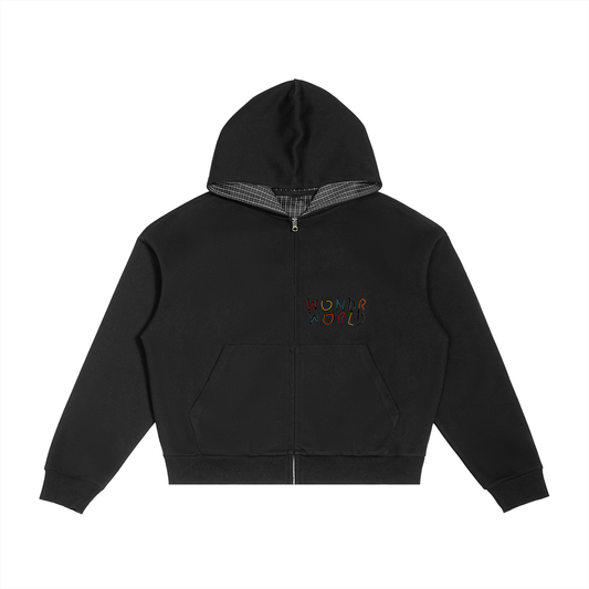 Contrast Plaid Boxy Zip Hoodie