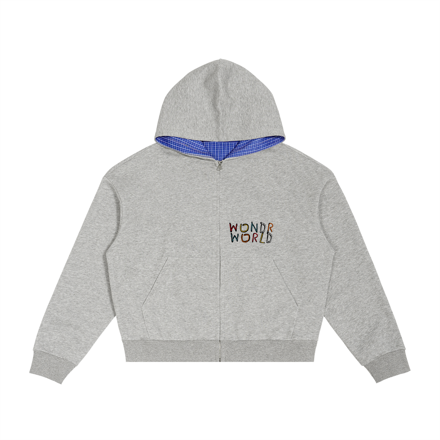 Contrast Plaid Boxy Zip Hoodie